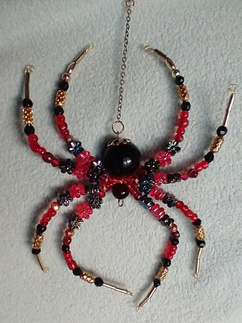 Hand Crafted • Red & Black Floral Beaded Spider Pendant - Picture 12 of 16